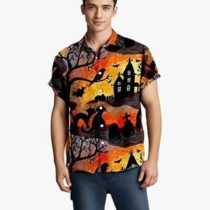 Haunted House Halloween Shirt Black Cat Bat Graveyard Spooky Costume Unisex Sz M